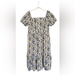 Boden Square Neck Tiered Midi Dress Multi Lemon Foliage Size 14 NWT Modest